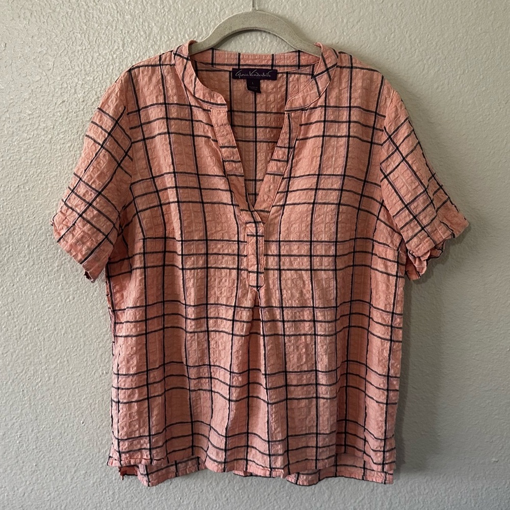 Gloria Vanderbilt |  Cotton/Viscose Peachy Plaid Short Sleeve Top, Size Large